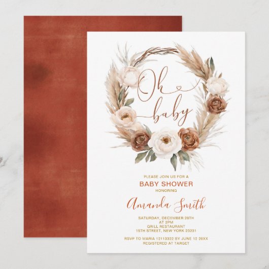 お宝ベビー ラスティック テラコッタ オレンジ 花のベビーシャワー 招待状 (正面/裏面)