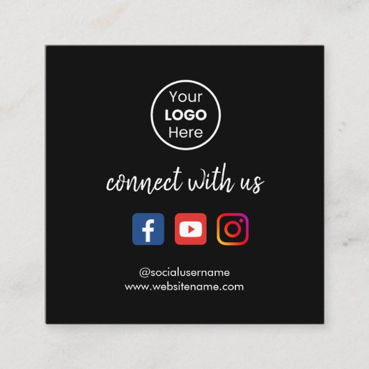 お客様との接続 |ソーシャルメディアQRコードブラック スクエア名刺 (正面)