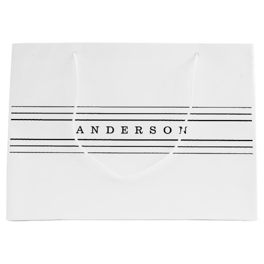 お客様のカスタム文字とモダンストライプ |黒と白 ラージペーパーバッグ (正面)