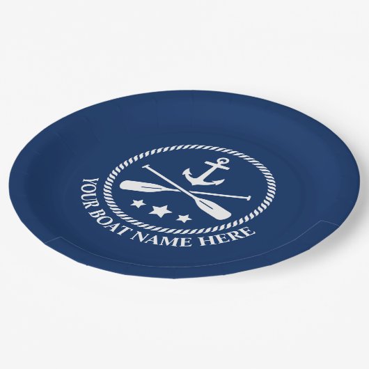 お客様のボート名または文字いかり&オアーズネイビーブルー ペーパープレート (アングル)