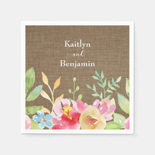 お客様の名前と水カラフル色の花とBurlap スタンダードカクテルナプキン (正面)