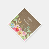 お客様の名前と水カラフル色の花とBurlap スタンダードカクテルナプキン (角)