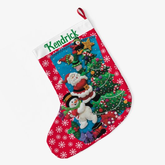 お客様の名前のパーソナライズおもしろいサンタ雪だるま赤い緑 ラージクリスマスストッキング (裏面 (吊り時))