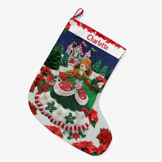 お客様の名前のパーソナライズされたクリスマスホリデープリンセス ラージクリスマスストッキング (正面 (吊り時))