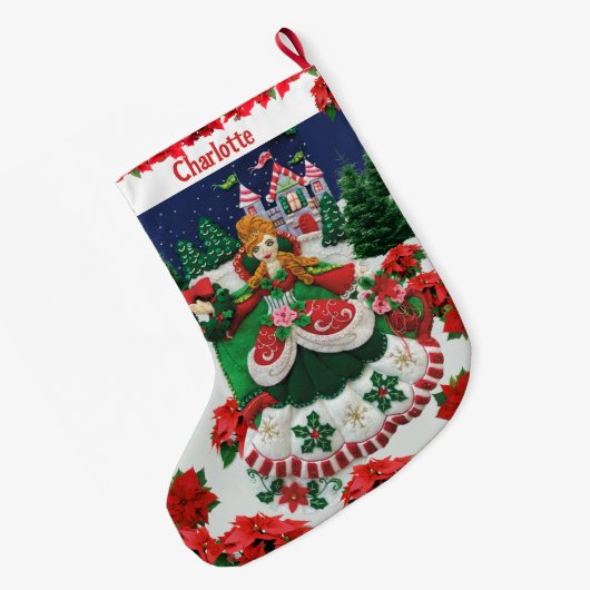 お客様の名前のパーソナライズされたクリスマスホリデープリンセス ラージクリスマスストッキング (裏面 (吊り時))