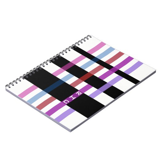 お客様の名前またはイニシャルとモダン機織りストライプの ノートブック (左側)
