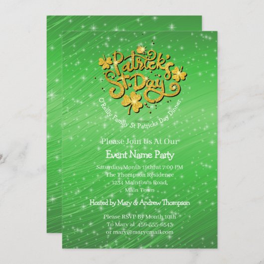 お客様の名前メッセージSt patricks day・グリーン・シャムロック 招待状 (正面/裏面)