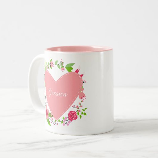 お客様の名前(ハートと花のマグカップ) ツートーンマグカップ (正面左)