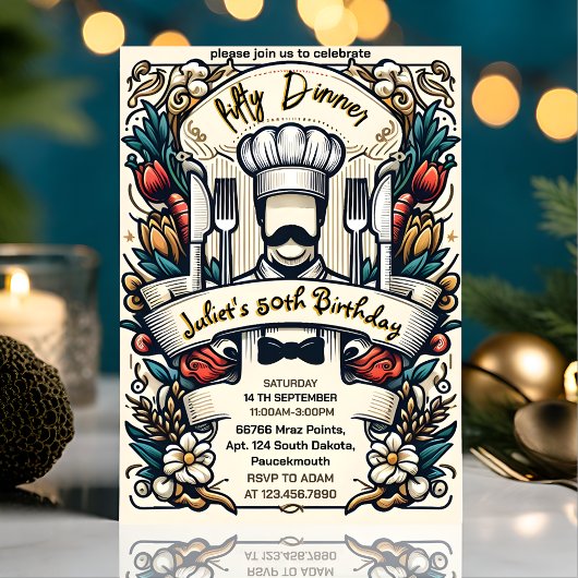 お客様の男性向け 大人のディナー エレガントな50歳の誕生日 招待状