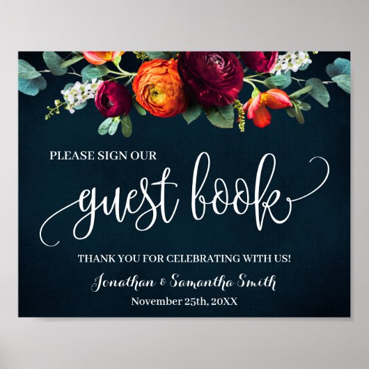 お客様の結婚式のゲストブックにサインしてください ワインネイビー ポスター (正面)