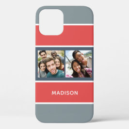 お客様の2枚の写真と名前のストライプ写真パターンの電話ケース iPhone 12ケース