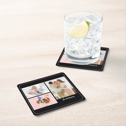 お客様の3家族の写真と名前(黒、白縁ど) スクエアペーパーコースター (インサイチュ)