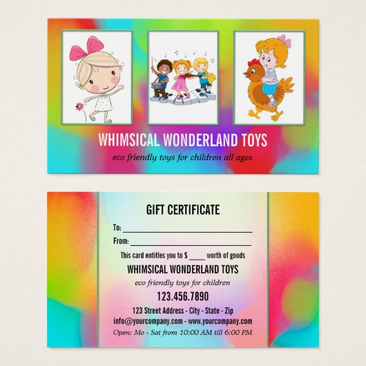 お客様の3枚の写真おもちゃ店ギフト名刺 (正面&裏面)