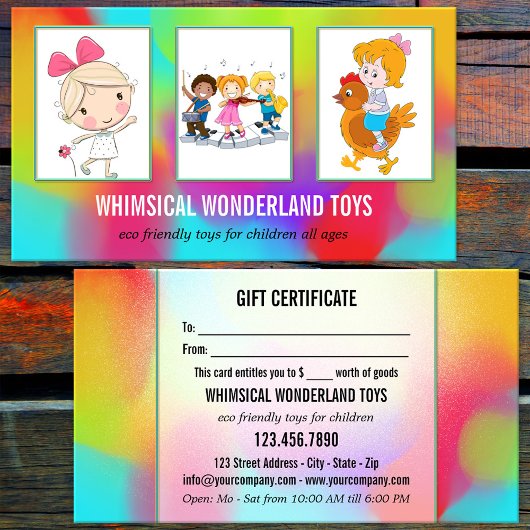 お客様の3枚の写真おもちゃ店ギフト名刺