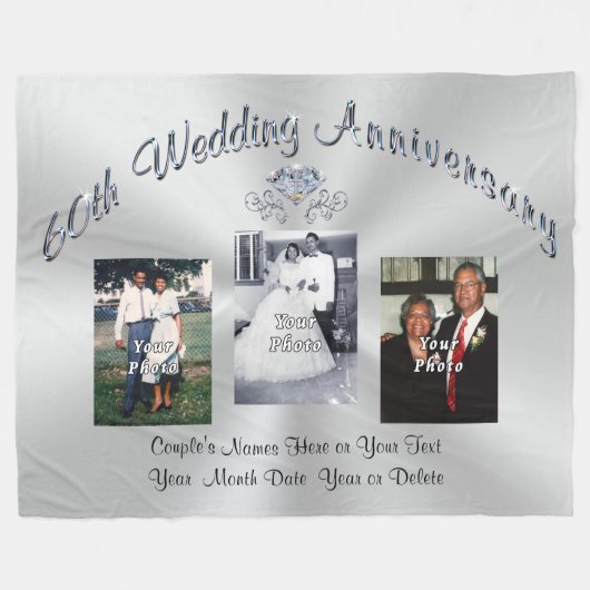 お客様の3枚の写真と文字ダイヤモンド記念日の贈り物 フリースブランケット (正面(横))