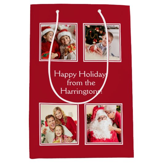 お客様の4枚の写真とカスタム文字中抱き枕 ミディアムペーパーバッグ (正面)