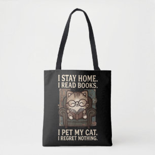 お家で本を読む 猫を撫でる 猫好きに贈る面白Tシャツ トートバッグ