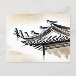 お寺の屋根に眠るツバメ中国の ポストカード