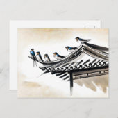お寺の屋根に眠るツバメ中国の ポストカード (正面/裏面)