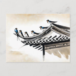 お寺の屋根に眠るツバメ中国の ポストカード