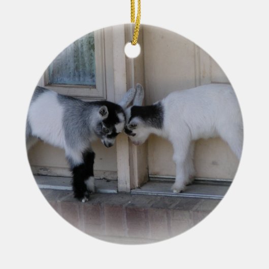 お尻はベビーのヤギのクリスマスオーナメントの先頭に立ちます セラミックオーナメント (正面)