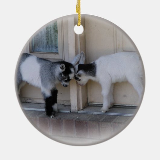お尻はベビーのヤギのクリスマスオーナメントの先頭に立ちます セラミックオーナメント (裏面)