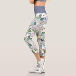 お尻ティール（緑がかった色）ブルーグレーブラックテラゾモザイクアートプリント カプリレギンス