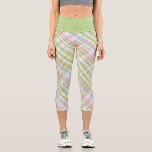 お尻バイオレットピンクターコイズグリーンブループレイドパターン カプリレギンス (正面)