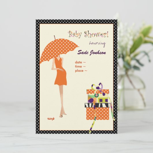 お尻ママベビーシャワーオレンジ水玉模様 招待状 (スタンド正面)