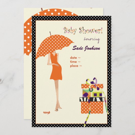 お尻ママベビーシャワーオレンジ水玉模様 招待状 (正面/裏面)