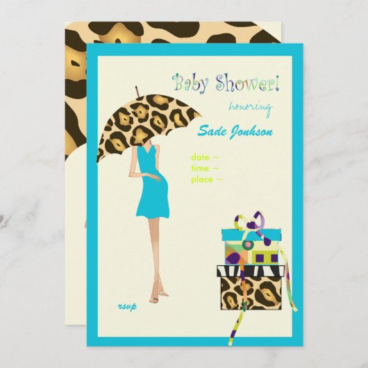 お尻ママベビーシャワー青いドレスヒョウのスポット 招待状 (正面/裏面)