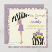 お尻ママ、紫のダマスク/ゼブラのベビーシャワー 招待状 (正面/裏面)
