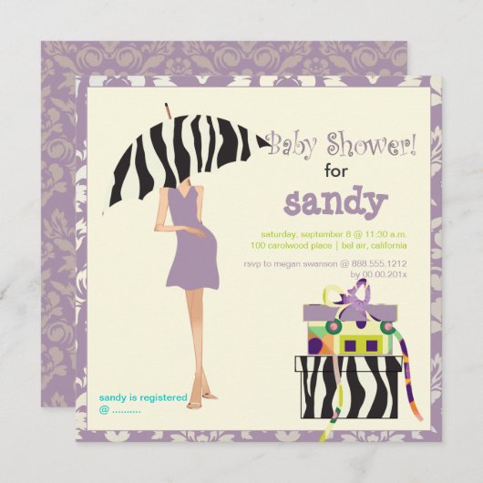 お尻ママ、紫のダマスク/ゼブラのベビーシャワー 招待状 (正面/裏面)