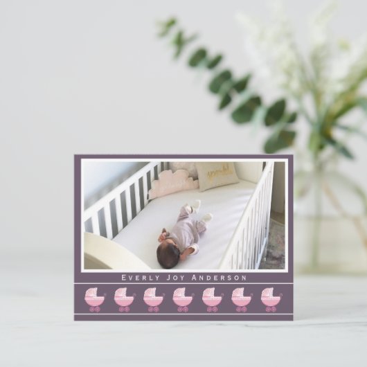 お尻レトロピンクベビー乳母車ベビーガールフォト 案内ポストカード (スタンド正面)