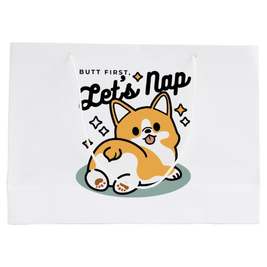 お尻最初に、レッツ昼寝 – かわいいコーギお尻漫画 ラージペーパーバッグ (裏面)
