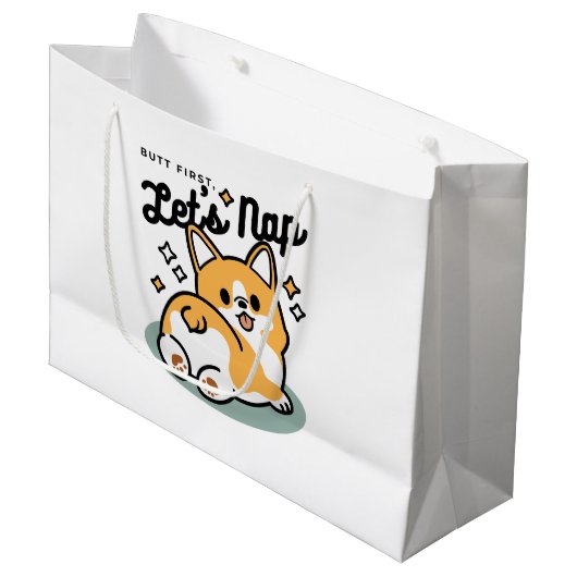 お尻最初に、レッツ昼寝 – かわいいコーギお尻漫画 ラージペーパーバッグ (正面アングル)