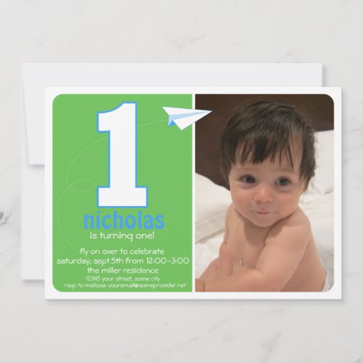 お尻紙飛行機1年写真招待状2 招待状 (正面)