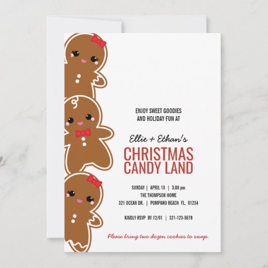 お年寄りの女の子と男の子のクリスマス、ジンガーブレッド、キャンディランド 招待状 (正面)