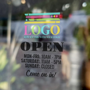 お店のロゴが入ったオープン時間ステッカー ウィンドウサイン
