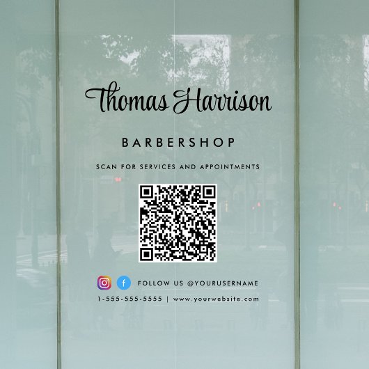 お店の名前 おしゃれな署名スクリプト QR コード ウィンドウサイン