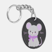 お座りネズミ 紫のリボン かわいい カワイイ オリジナル キーホルダー (正面左)