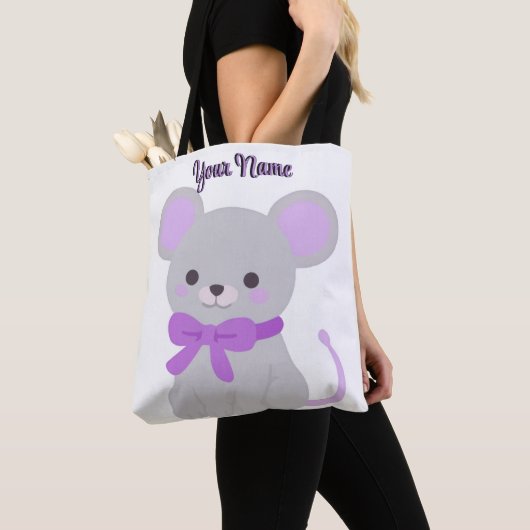 お座りネズミ 紫のリボン かわいい カワイイ オリジナル トート (クローズアップ)