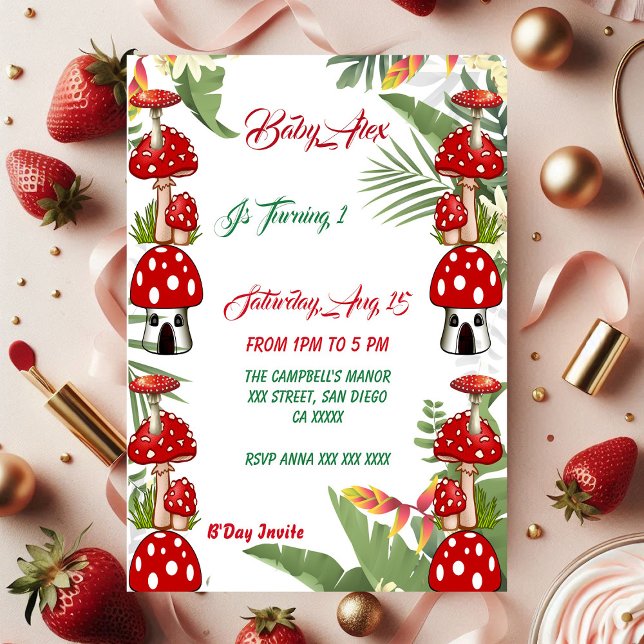 お庭のカエルタケ  緑の葉っぱの赤ちゃん 1歳の誕生日 (Garden Toadstool Green Foliage Baby 1st Birthday Cards)