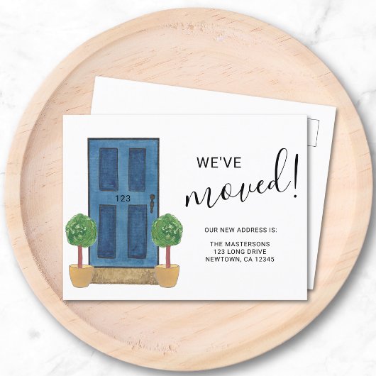 お引越ししました 新住所 青い水彩のドア 案内ポストカード