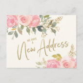 お引越しのお知らせ エレガントな ブッシュピンクとゴールドの花 ポストカード (正面)