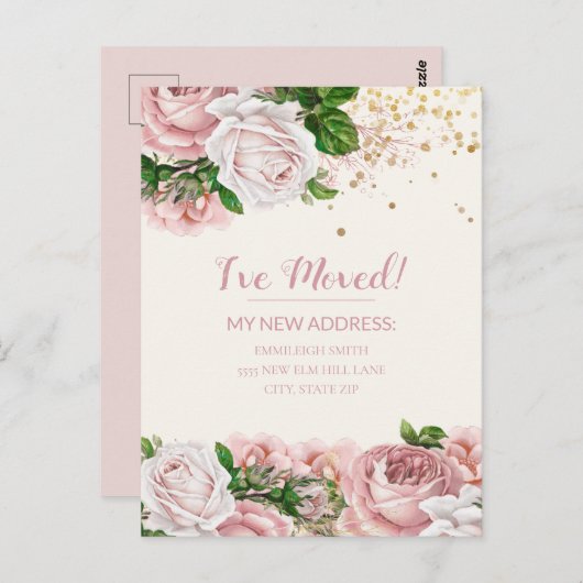 お引越しのお知らせ ピンク ヴィンテージ フラワー グリッター ポストカード (正面/裏面)