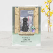 『お恋しく思前は窓に黒いラブラドル犬をくじく カード (黄色い花)