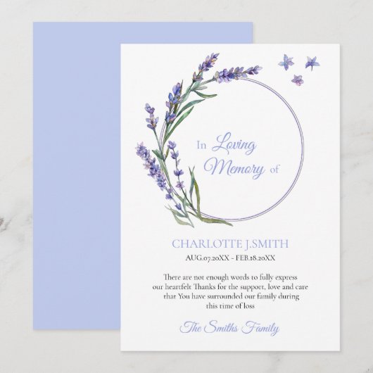 お悔やみメモリー ラベンダー 花 ありがとう 招待状 (正面/裏面)
