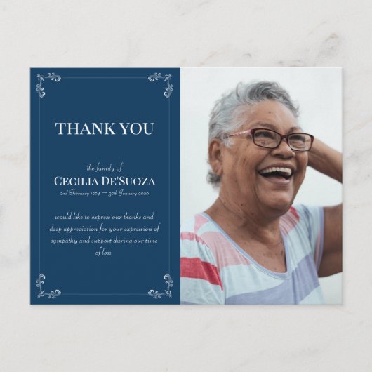 お悔やみ カスタム フォト 葬儀 感謝 ブルー ポストカード (正面)