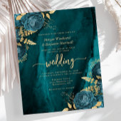 お手頃なターコイズブルーゴールドの花柄結婚式招待状